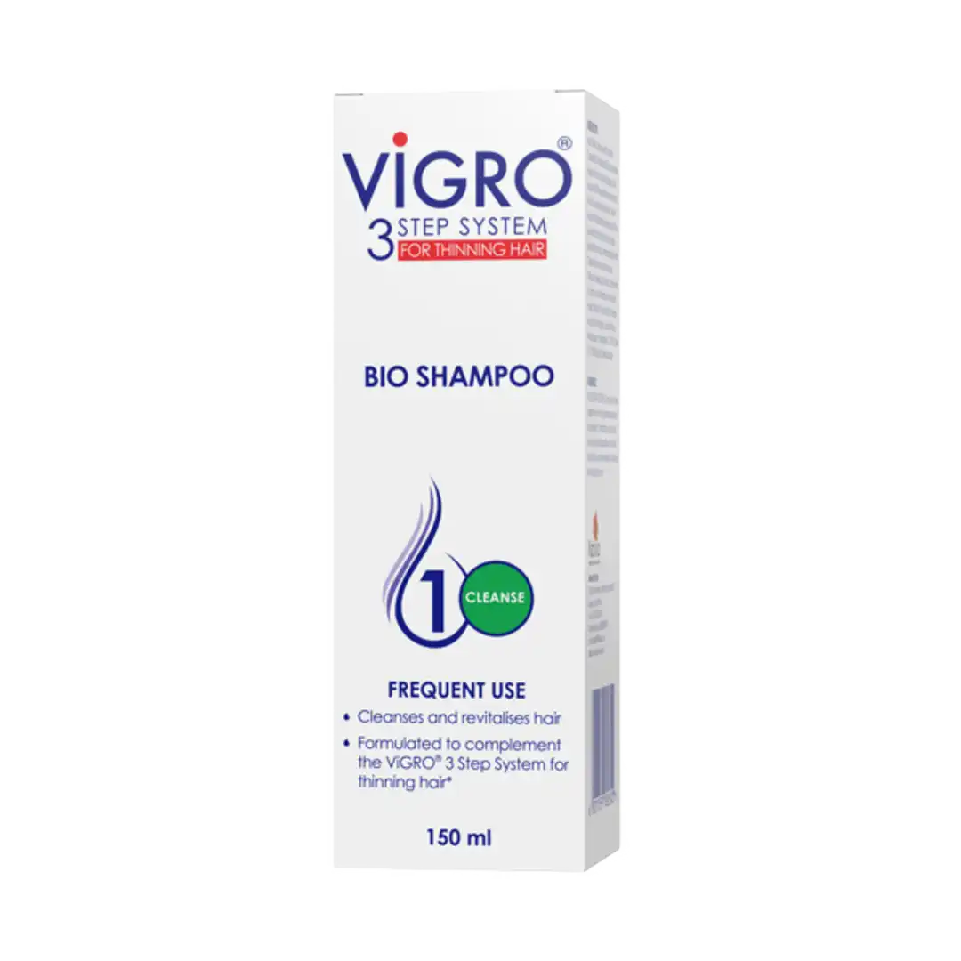 Front angled view of Vigro 3 Step System Bio Shampoo 150 ml box on white background