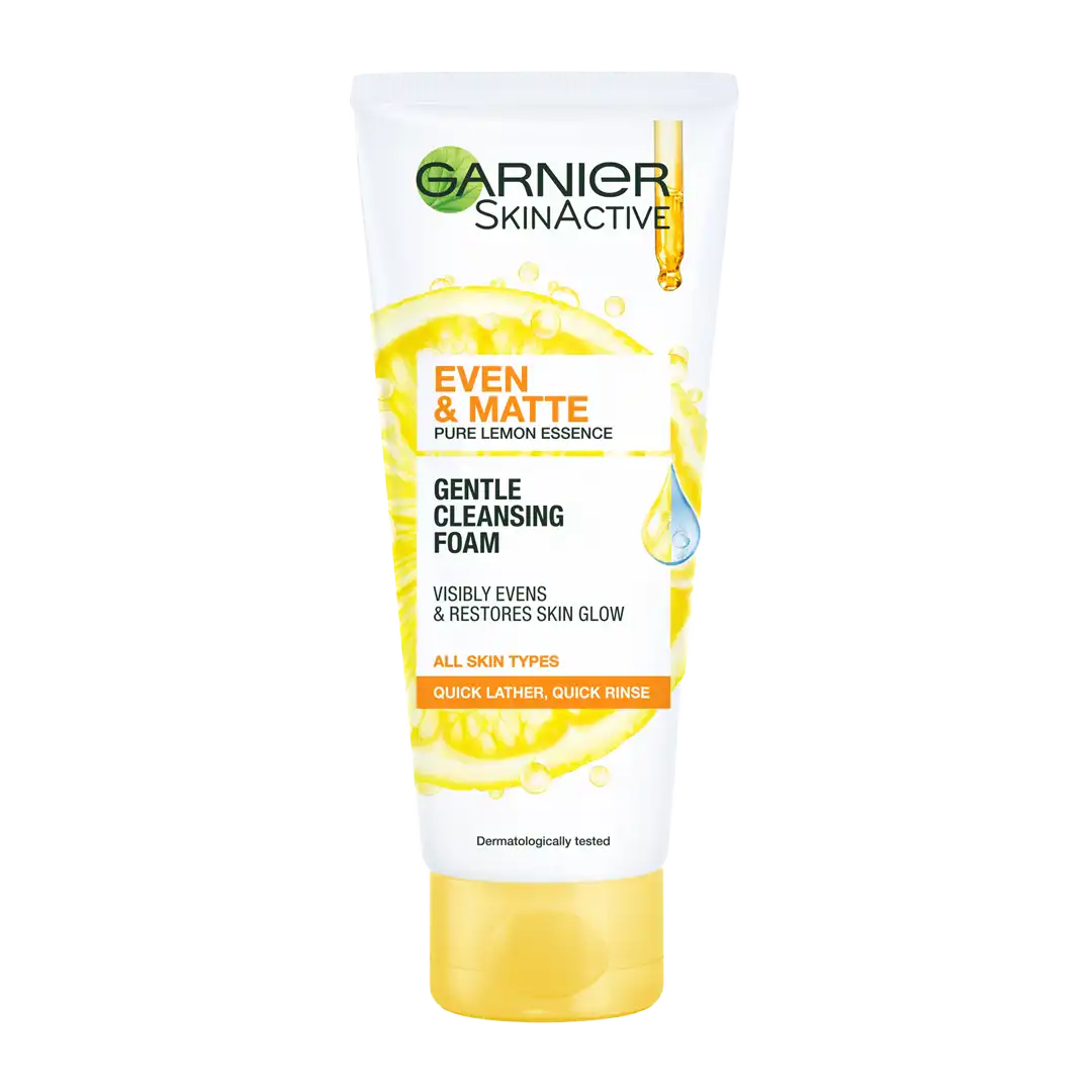 Front of Garnier SkinActive Even & Matte Gentle Cleansing Foam Face Wash tube, 100ml
