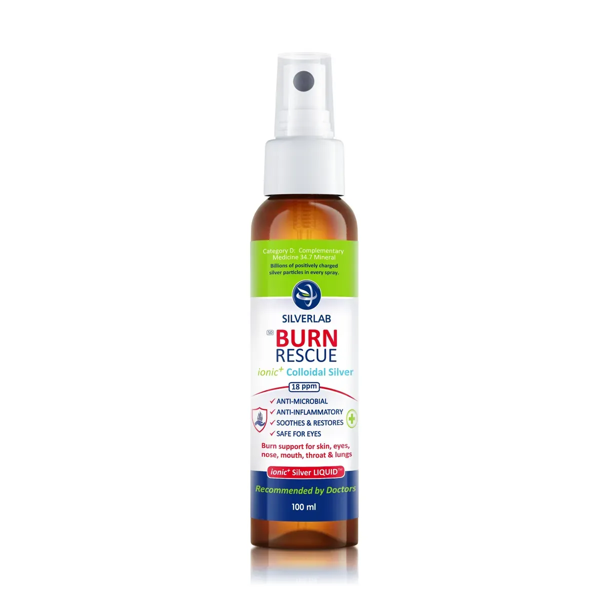 Front of Silverlab Burn Rescue ionic+ Colloidal Silver spray 100 ml