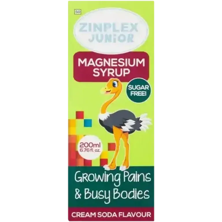 Front of Zinplex Junior Magnesium Syrup Cream Soda 200ml box on white background