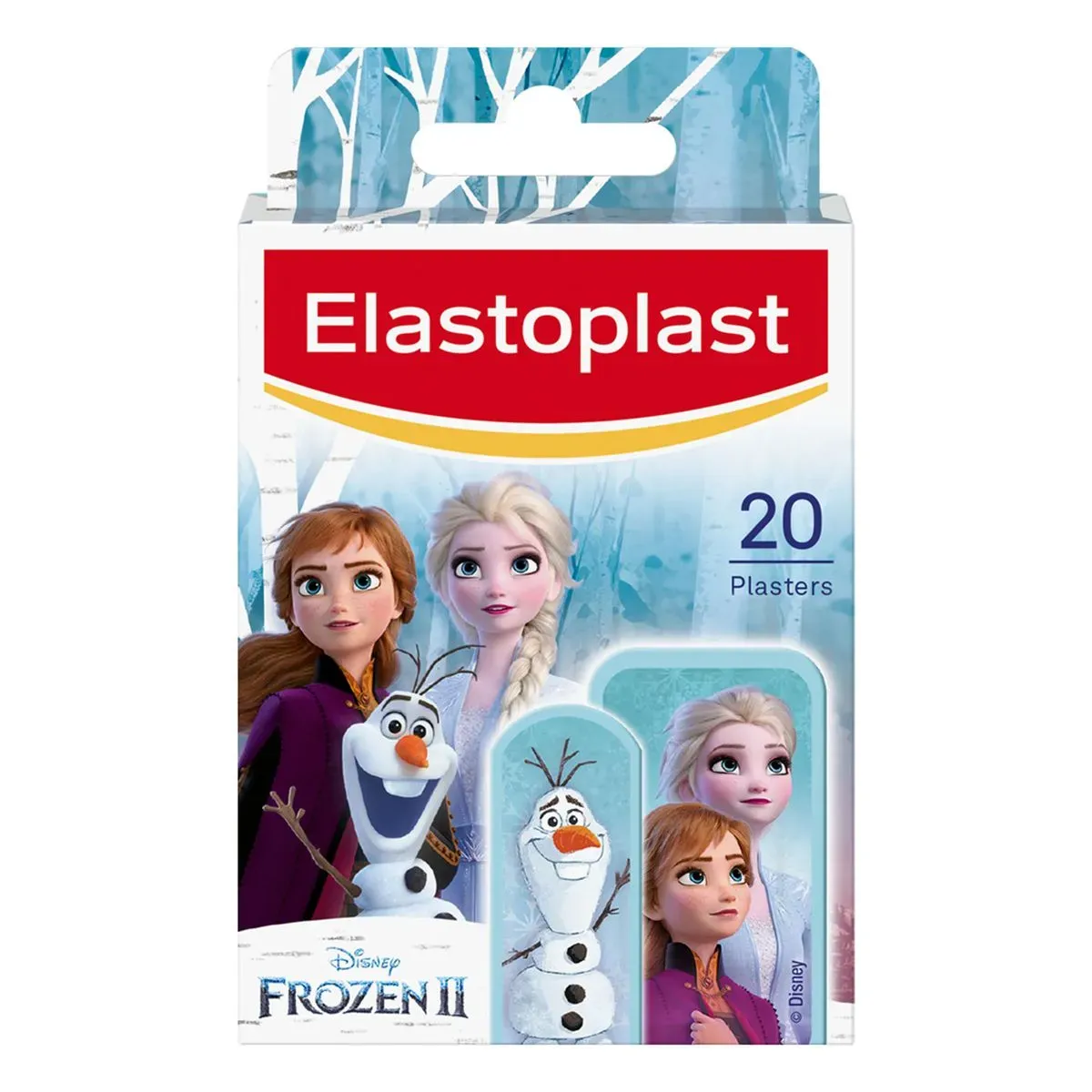 Front of Elastoplast Frozen II Junior Strip Assorted Plasters, 20 strips, white background