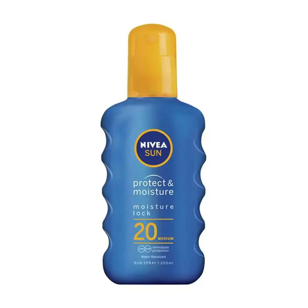 Front of NIVEA SUN Protect & Moisture Sun Spray SPF20, 200ml bottle