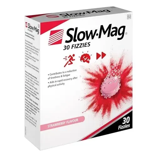 Front of Slow-Mag 30 Fizzies Strawberry Flavour effervescent tablets box