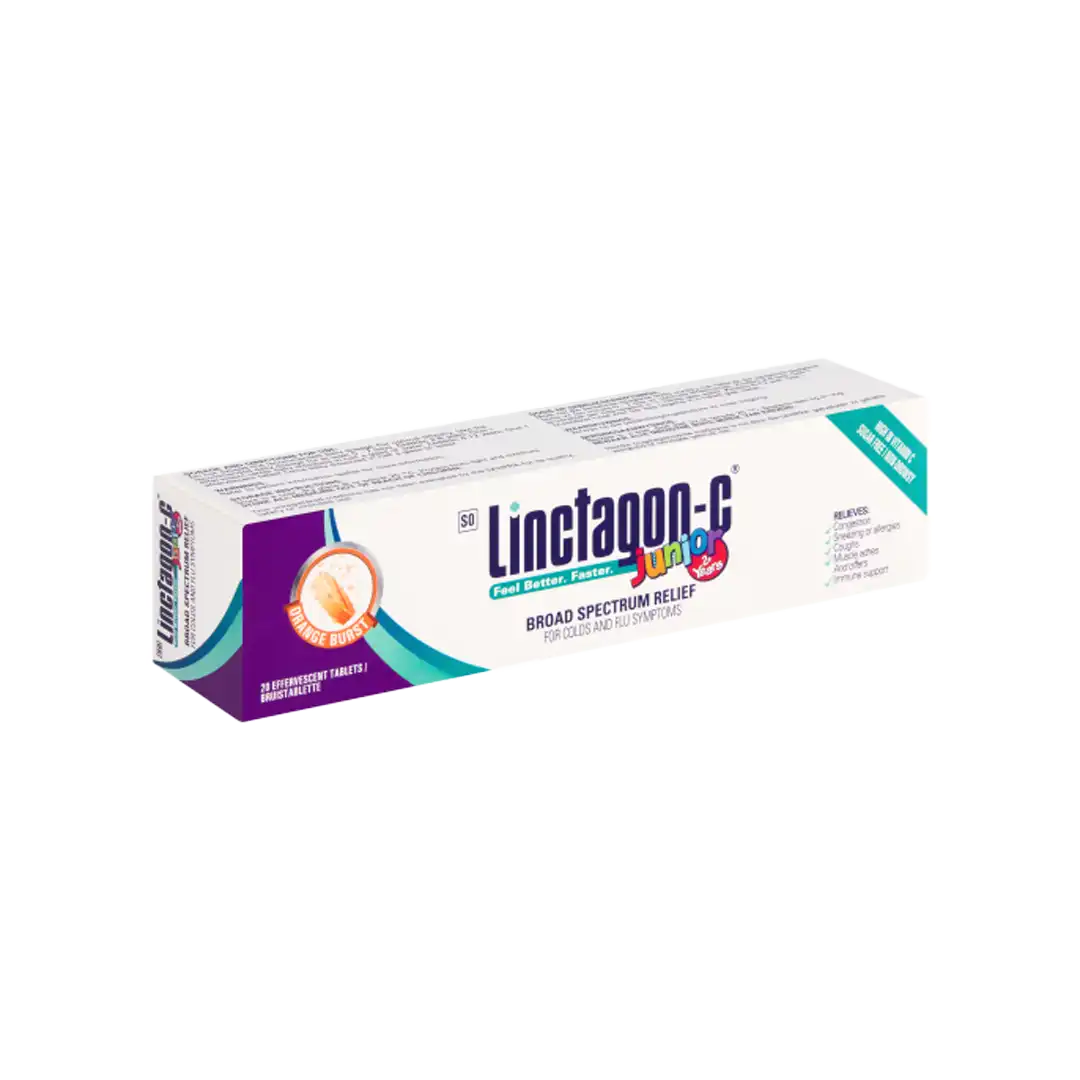 Angled studio shot of Nativa Linctagon-C Junior Orange Burst 20 effervescent tablets box on white background