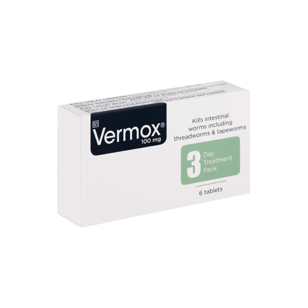 Front of Vermox 100mg Tablets 3 Day Treatment Pack, 6 tablets box