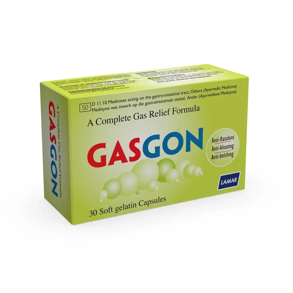 Angled view of Gasgon Anti-Flatulent Capsules box, 30 soft gelatin capsules
