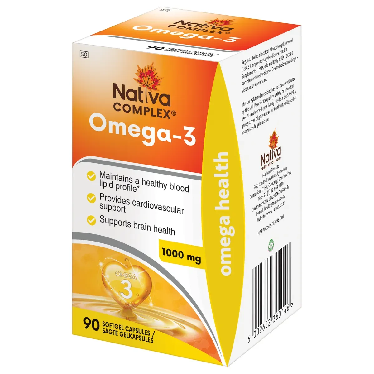 Angled front and side view of Nativa Complex Omega-3 1000mg 90 softgel capsules box with barcode