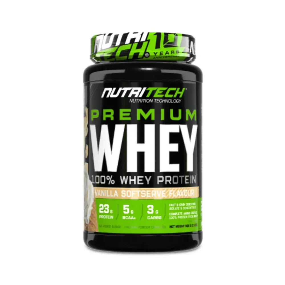 Front of Nutritech Premium Whey Vanilla Softserve 908g tub