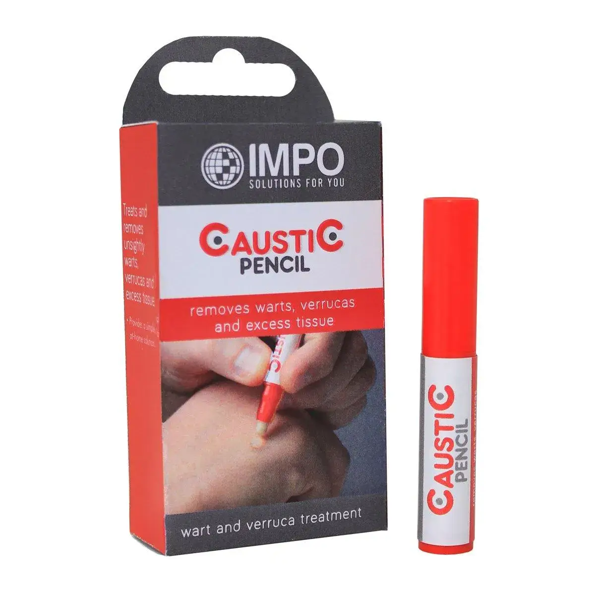 Front of IMPO Caustic Pencil wart and verruca treatment box with pencil applicator