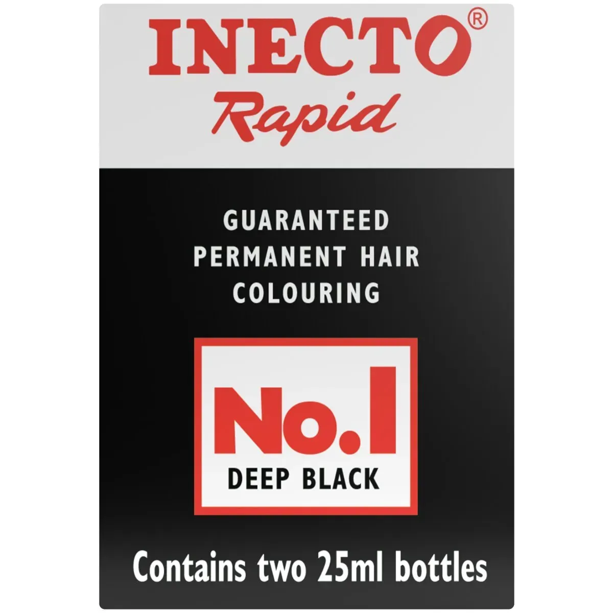 Front of Inecto Rapid No.1 Deep Black hair colouring pack (two 25ml bottles)