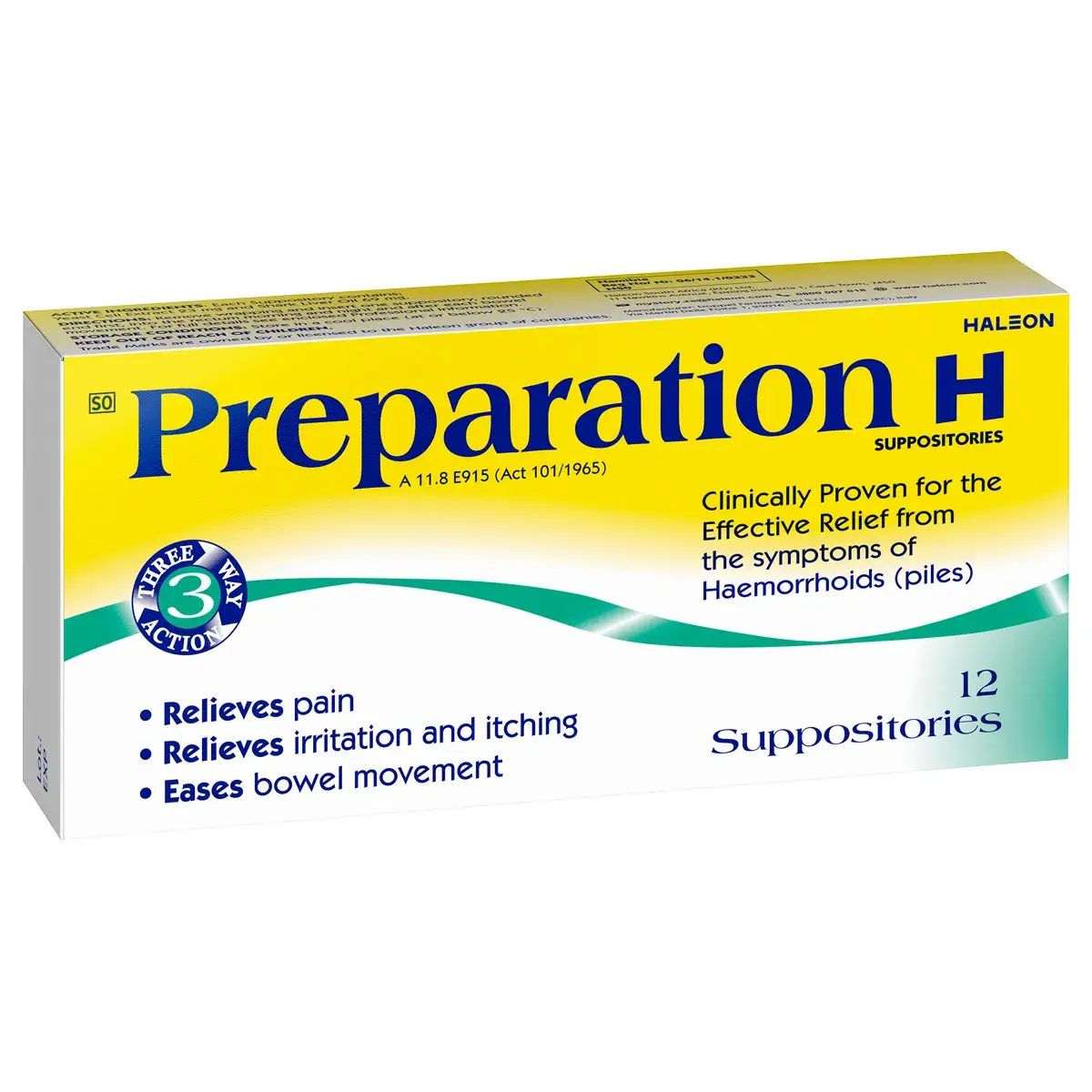 Angled view of Preparation H Suppositories 12's box on white background