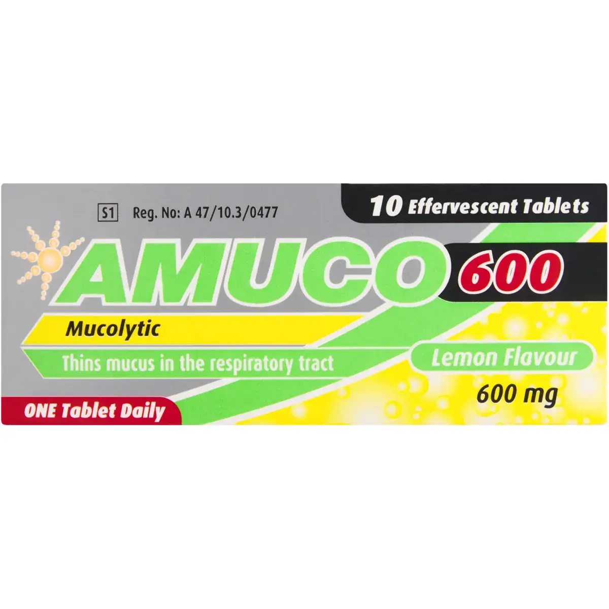 Front of Austell Amuco 600mg Lemon Flavour effervescent tablets box, 10 tablets