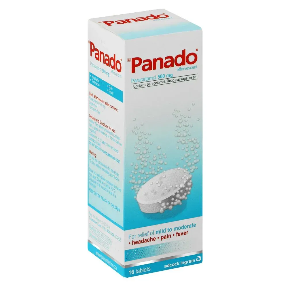 Angled view of Panado Effervescent Paracetamol 500 mg tablets box, 16 tablets