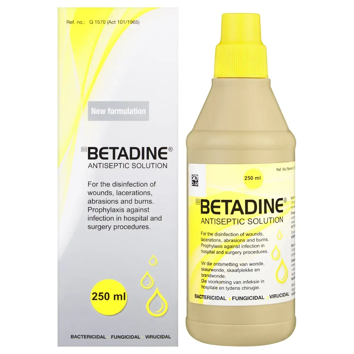 Betadine Antiseptic Solution 250 ml box and bottle together