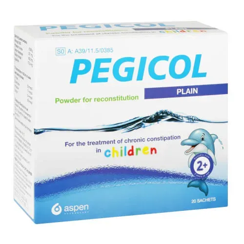 Angled front view of Pegicol Children's Laxative Powder box, 20 sachets