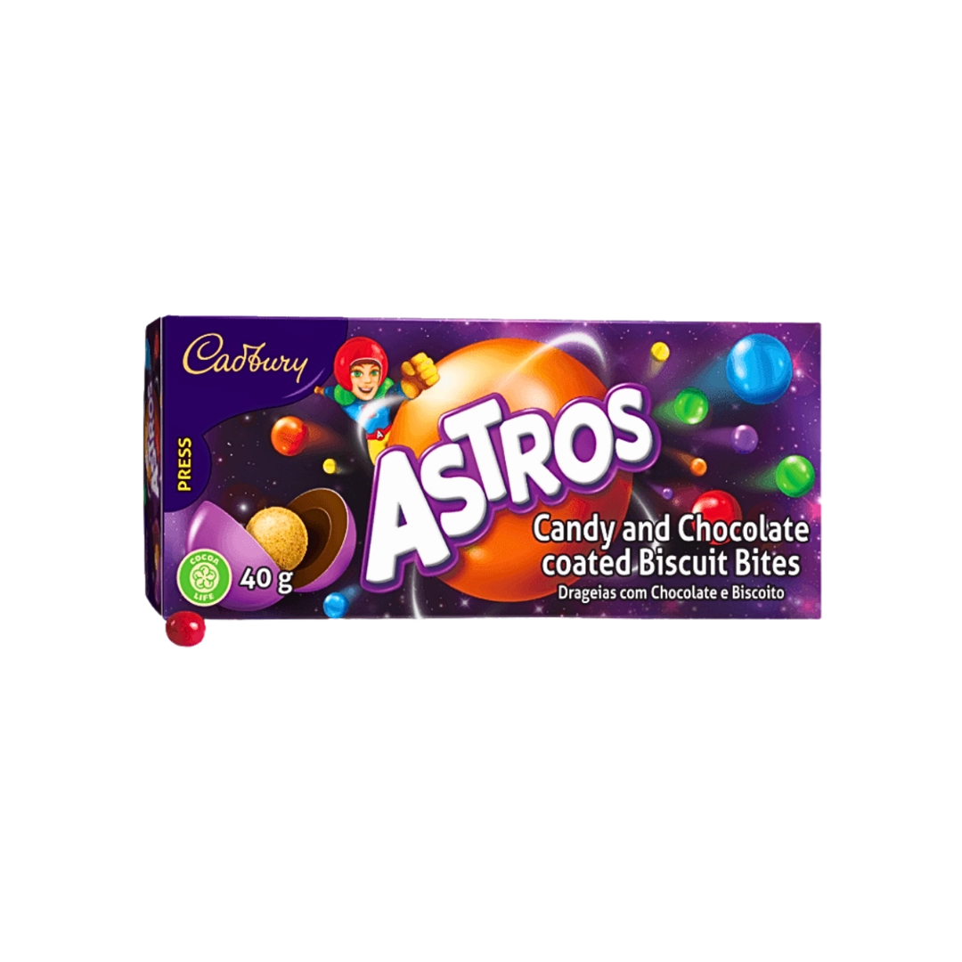 Front of Cadbury Astros Candy and Chocolate Coated Biscuit Bites, 40g box