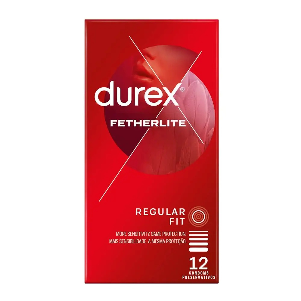 Front of Durex Fetherlite Regular Fit Condoms 12's box on white background
