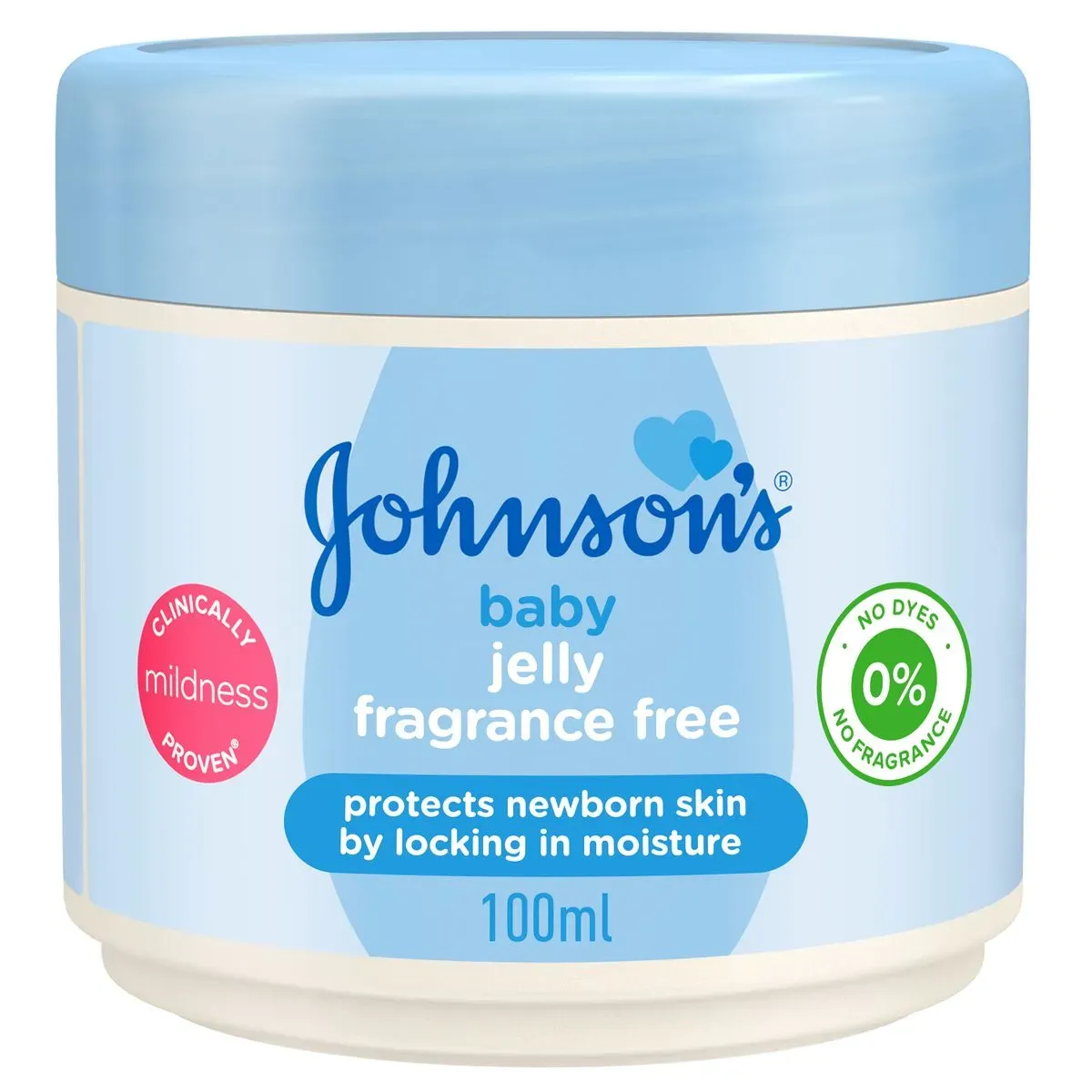 Front of Johnson's Baby Fragrance Free Jelly 100ml jar on white background