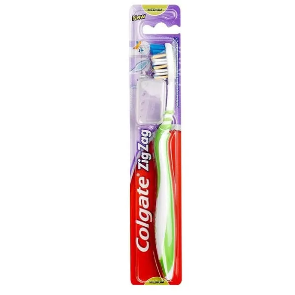Front of Colgate ZigZag Toothbrush Medium blister pack, 1 piece
