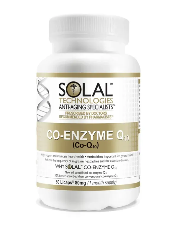 Front of Solal Co-Enzyme Q10 80mg Capsules, 60 Licaps bottle