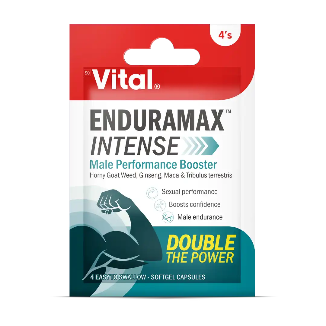 Front of Vital EnduraMax Intense Male Performance Booster capsules, pack of 4