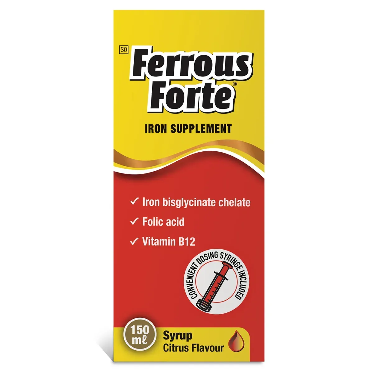 Front of Inova Ferrous Forte Chelated Syrup 150 ml on white background