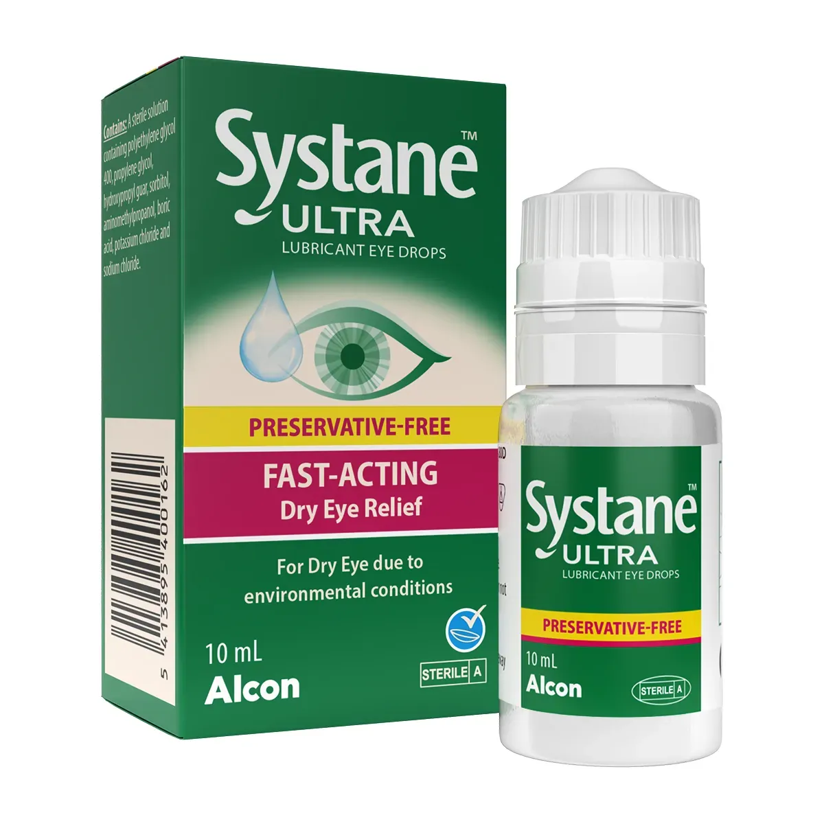 Front of Systane Ultra Preservative-Free Lubricant Eye Drops 10 ml box and bottle