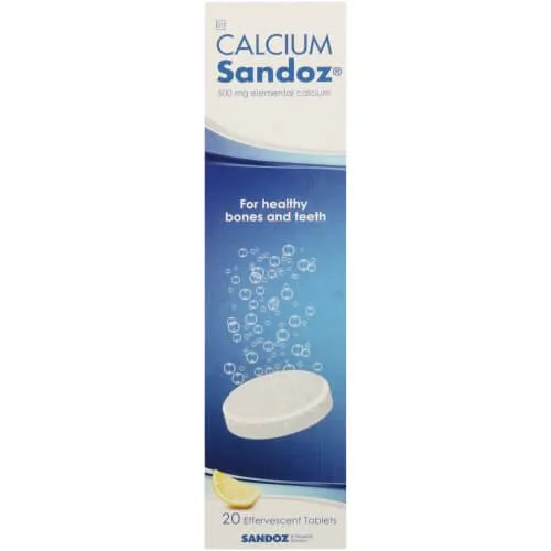 Front of Calcium Sandoz 500 mg Effervescent Tablets 20's box