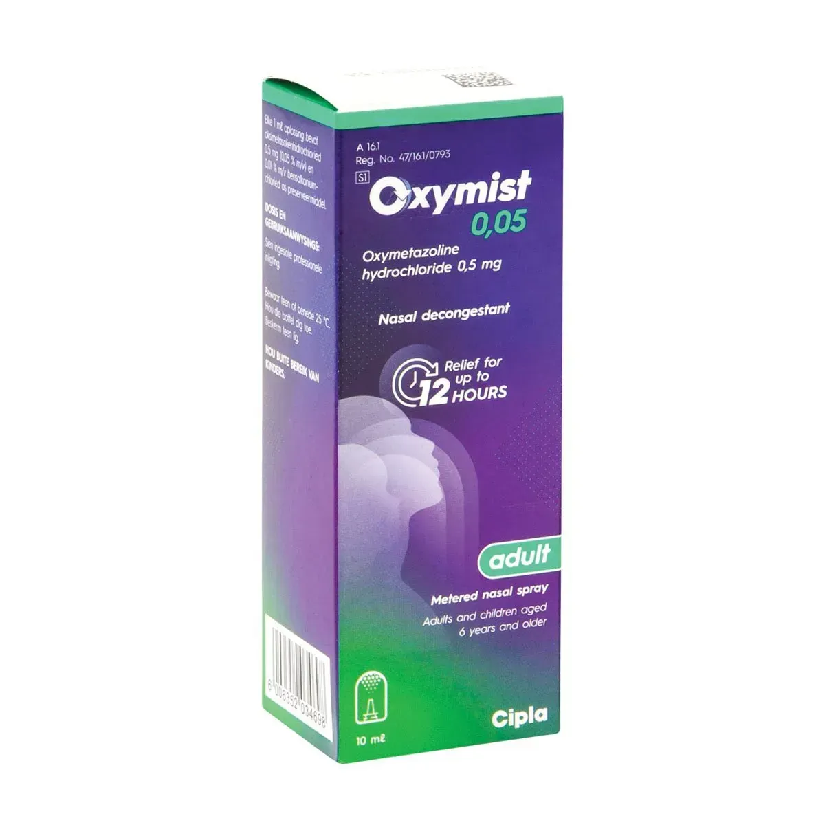 Angled view of Oxymist 0.05% Nasal Spray 10 ml box by Cipla-Medpro on white background