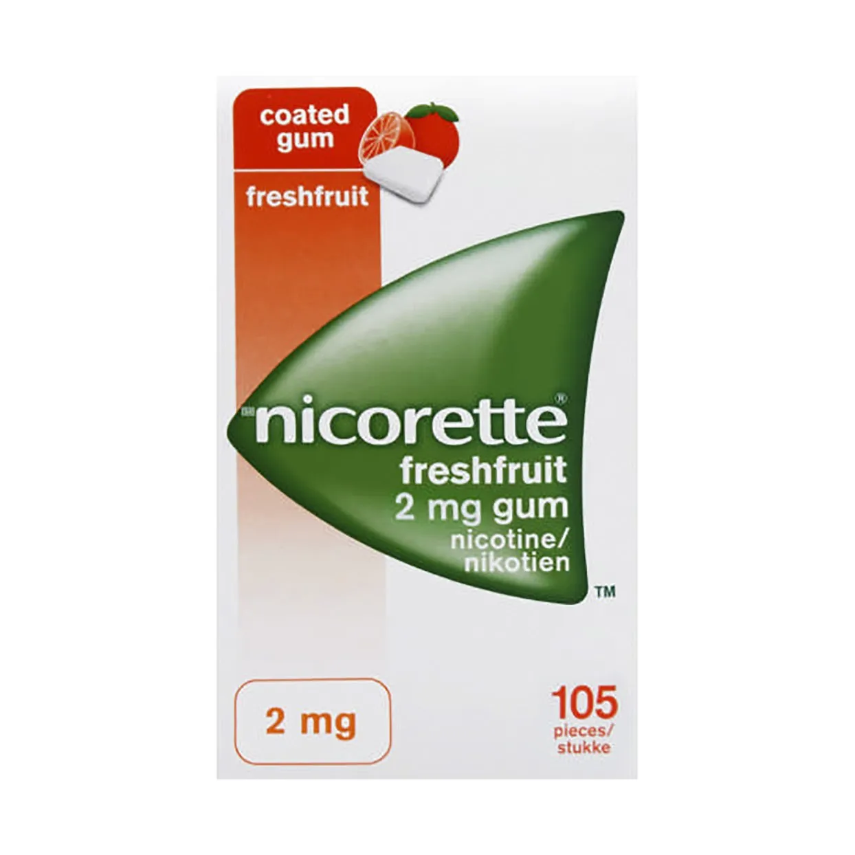 Front of Nicorette Freshfruit 2mg Coated Gum 105 Pieces box