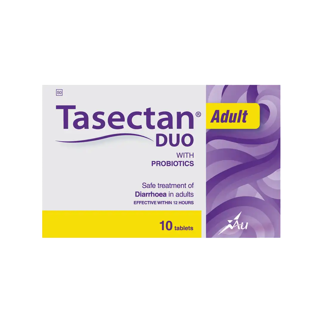 Front of Tasectan Duo Adult probiotic diarrhoea treatment box, 10 tablets, on white background
