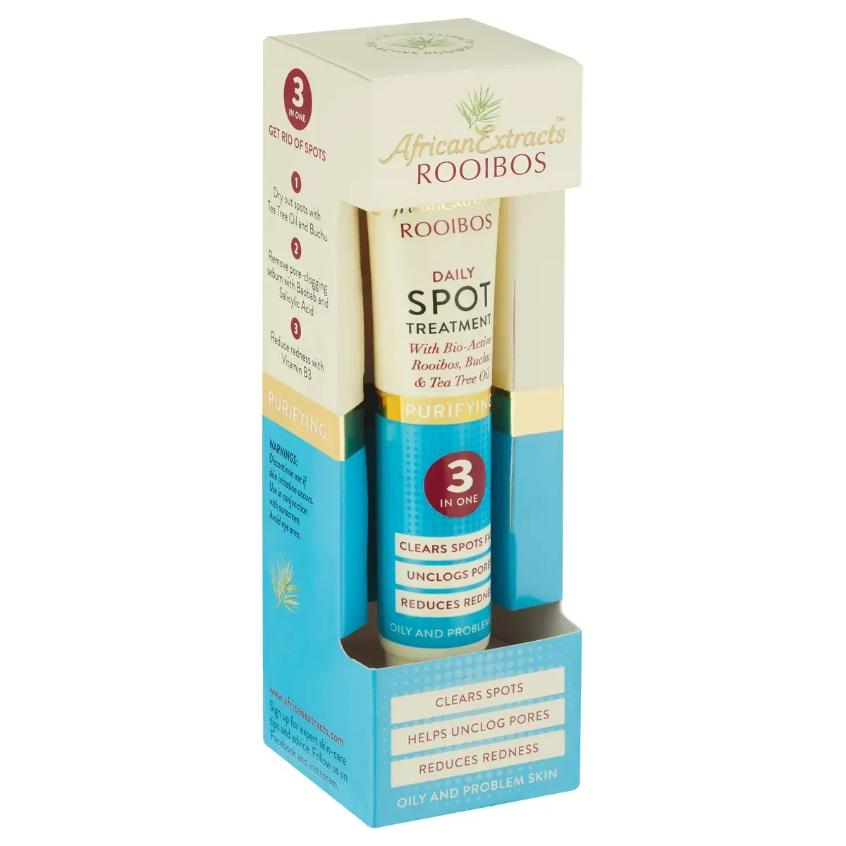 Angled view of African Extracts Rooibos Daily Spot Treatment box and tube 15 ml