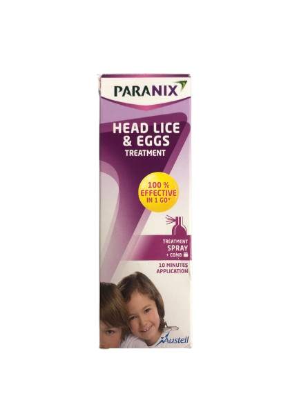 Front of Paranix Head Lice & Eggs Treatment Spray with Comb 100 ml box