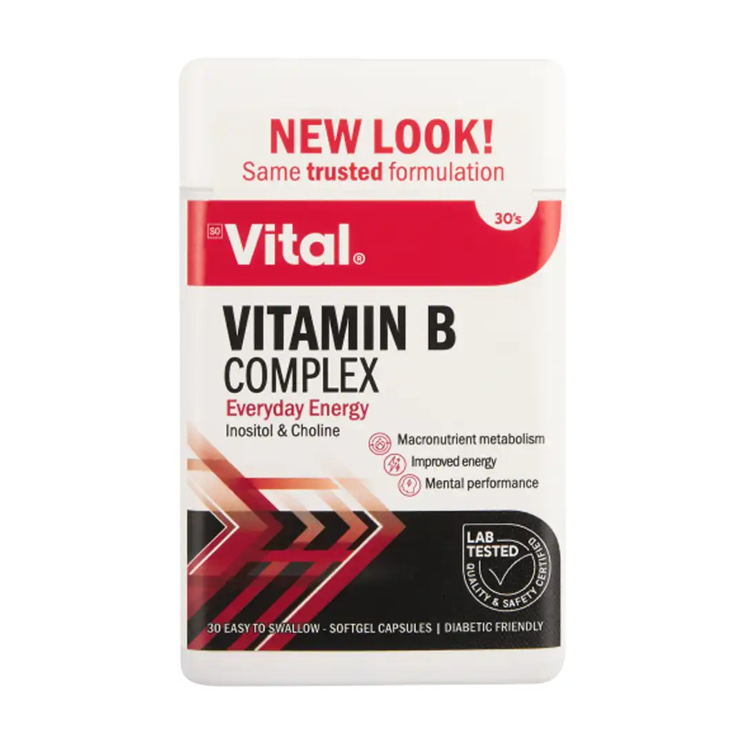 Front of Vital Vitamin B Complex 30 capsules bottle on white background