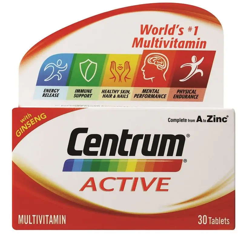 Front of Centrum Active Multivitamin with Ginseng 30 Tablets box