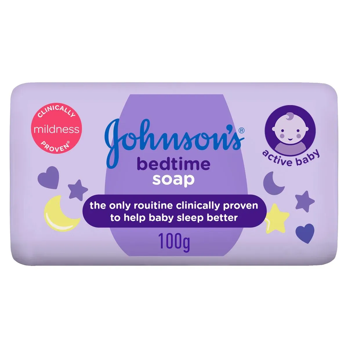 Front of Johnson's Baby Bedtime Soap 100g bar showing full packaging
