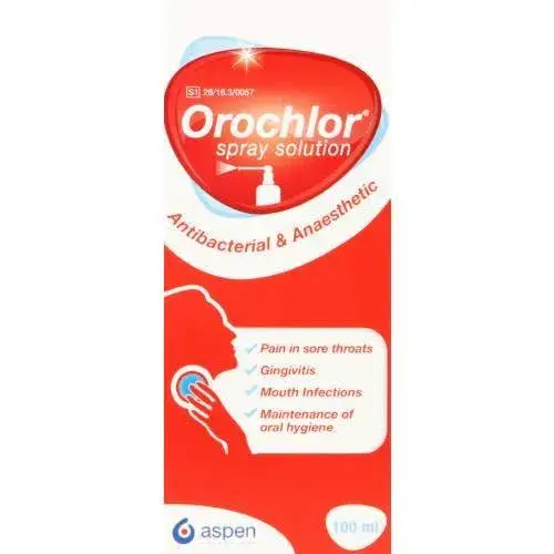 Front of Orochlor Spray Solution Antibacterial & Anaesthetic 100 ml box by Aspen