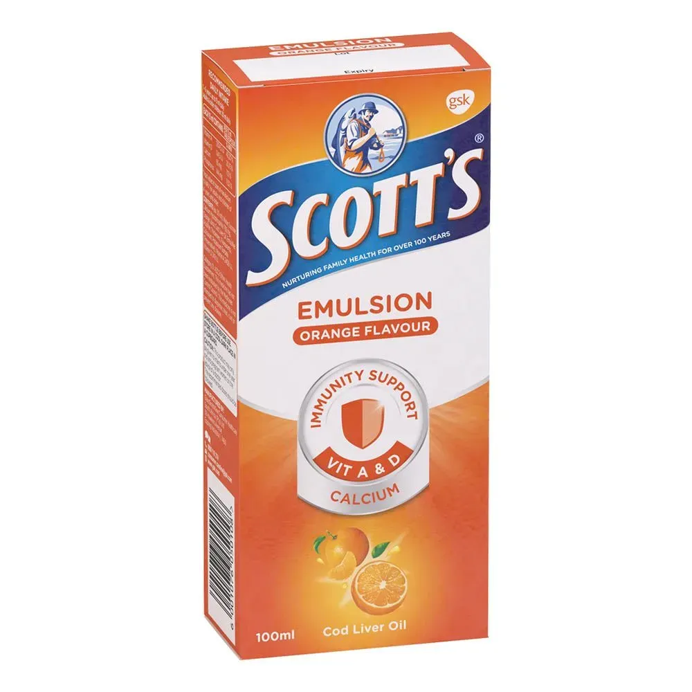 Angled front view of Scott's Emulsion Orange Flavour 100ml box