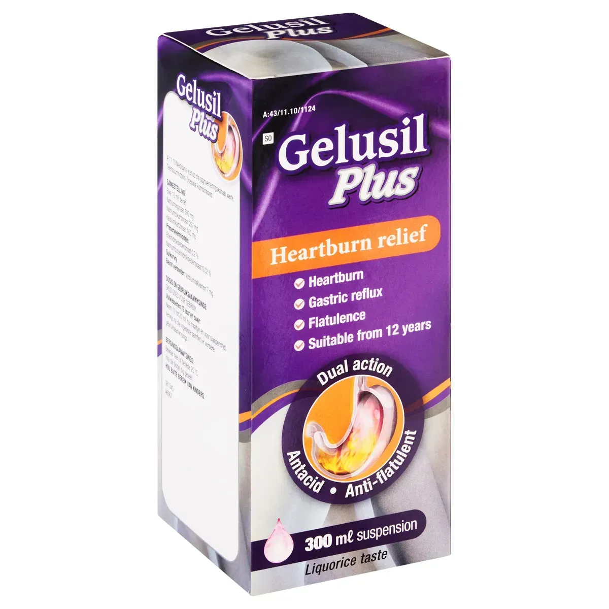 Angled view of Gelusil Plus Heartburn Relief Suspension 300 ml box