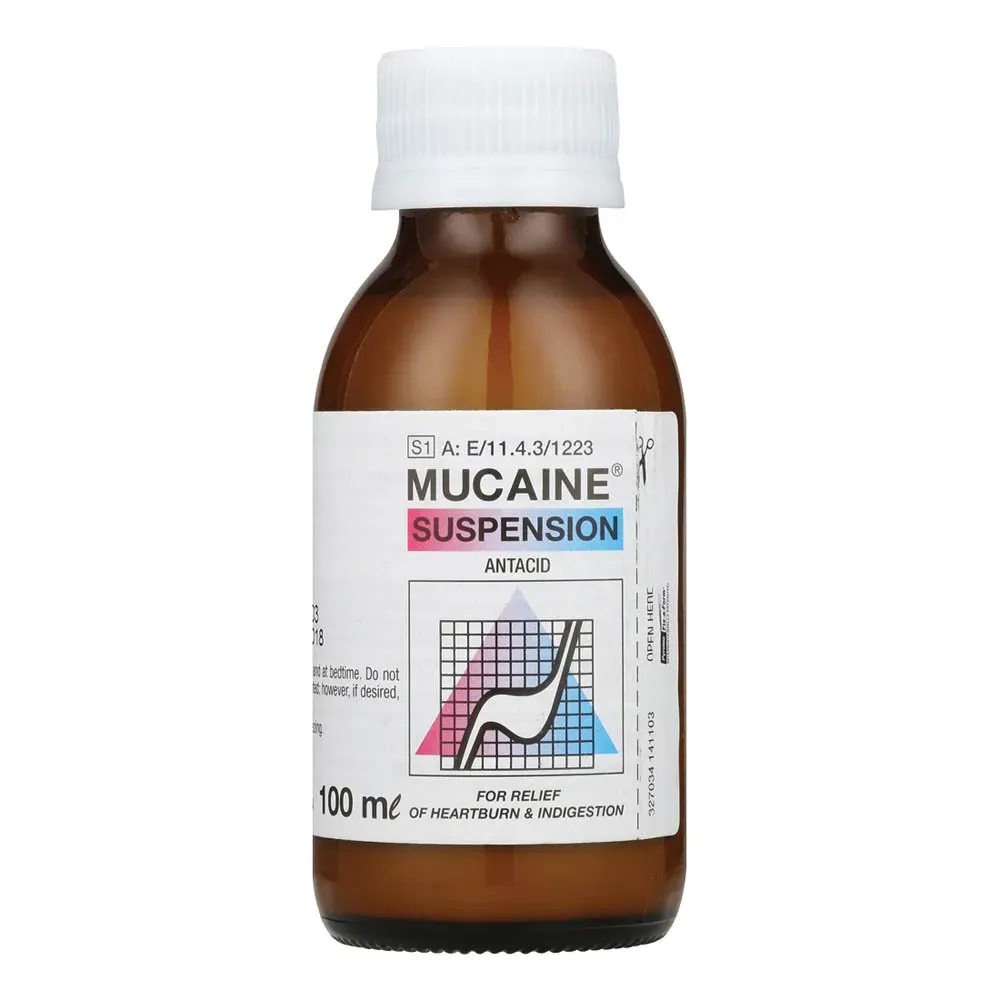 Front of Mucaine Suspension Antacid 100 ml bottle
