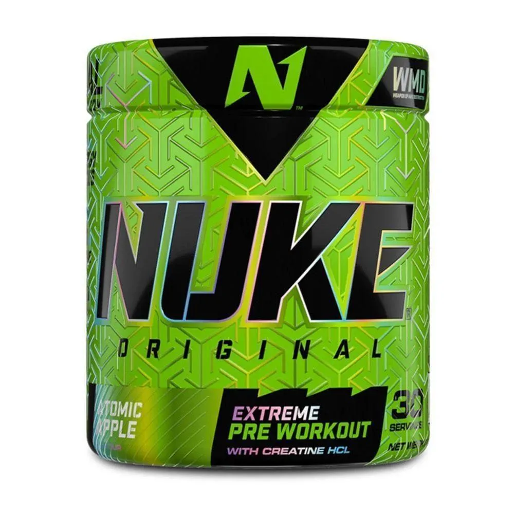 Front of Nutritech Nuke Original Pre Workout tub, Atomic Apple flavour, 240g