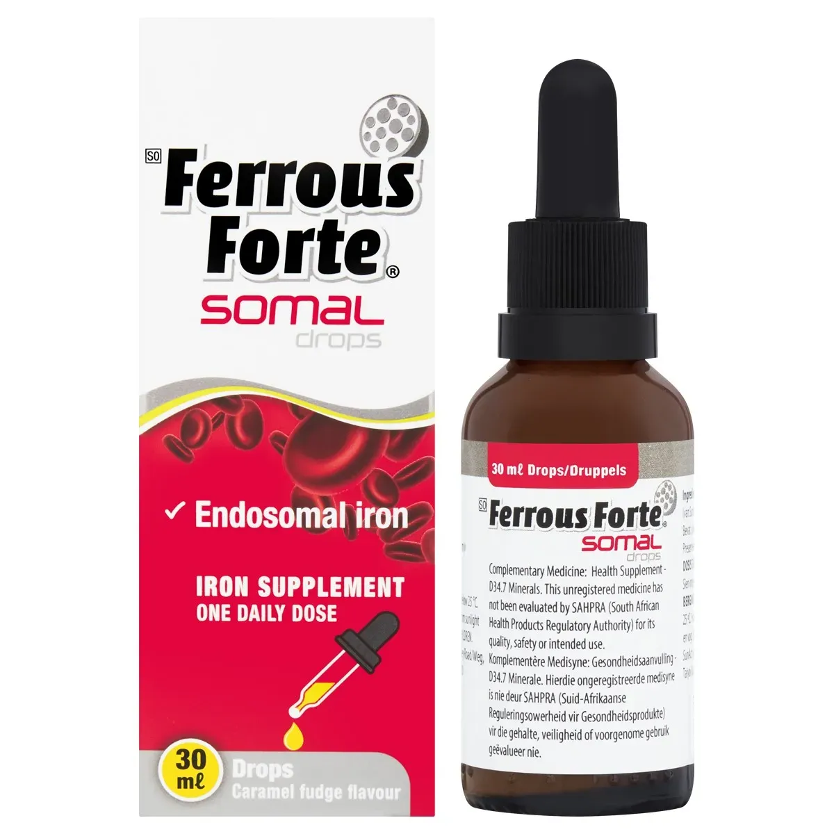 Front of Ferrous Forte Somal iron supplement drops box and bottle, 30 ml