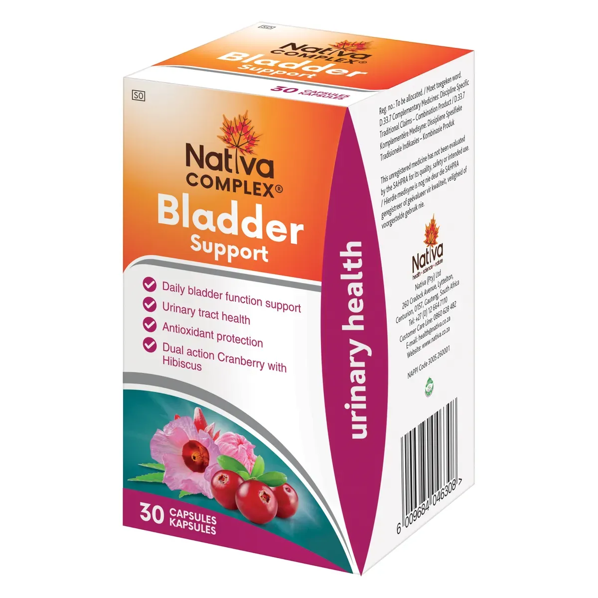 Angled view of Nativa Complex Bladder Support 30 capsules box showing barcode and back details