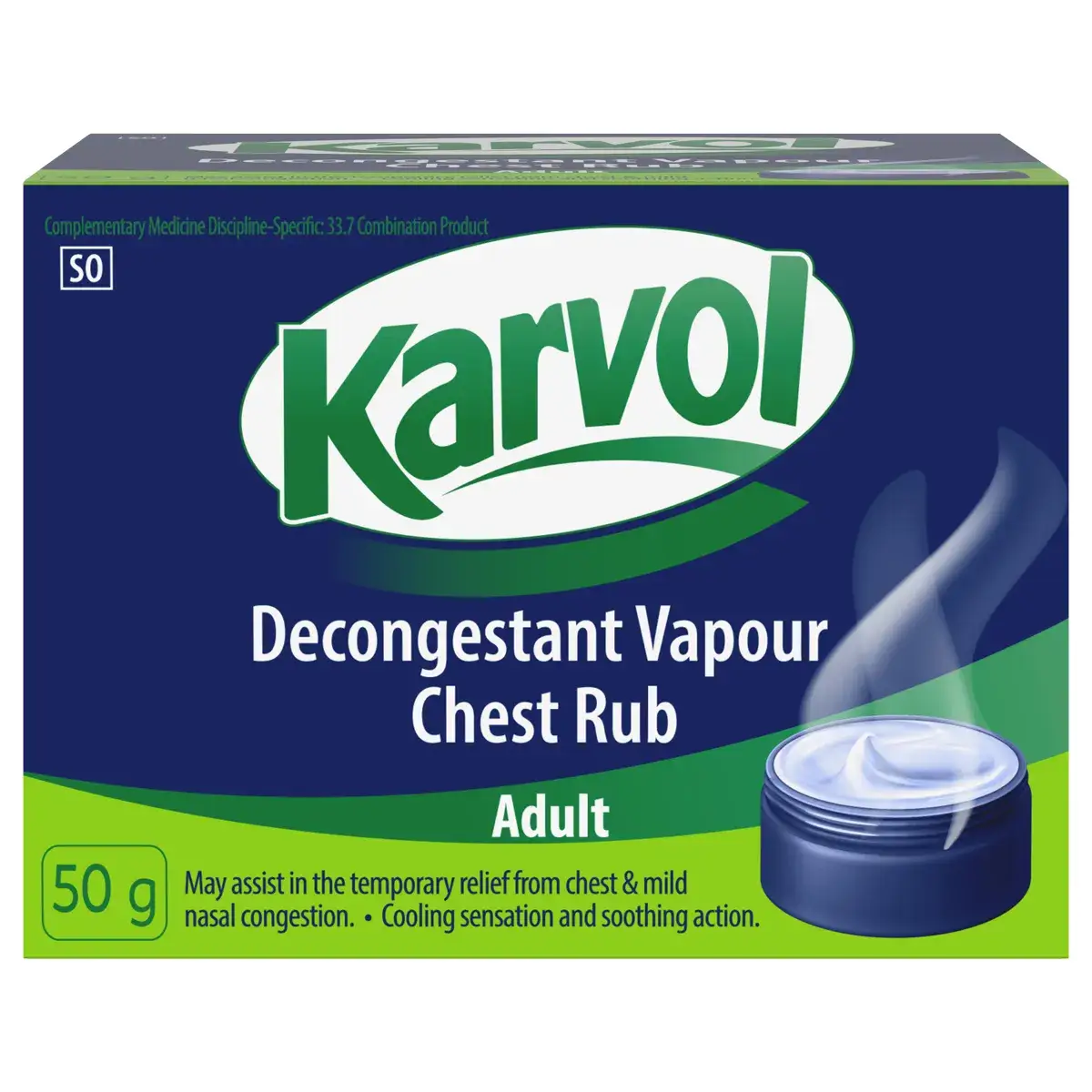 Front of Karvol Decongestant Vapour Chest Rub Adult 50 g box