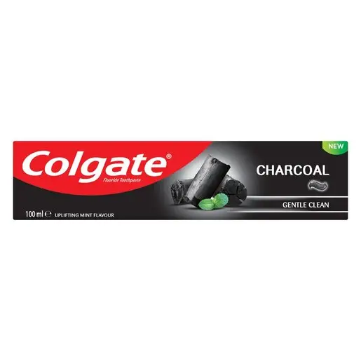 Front view of Colgate Charcoal Gentle Clean Toothpaste 100ml box on white background