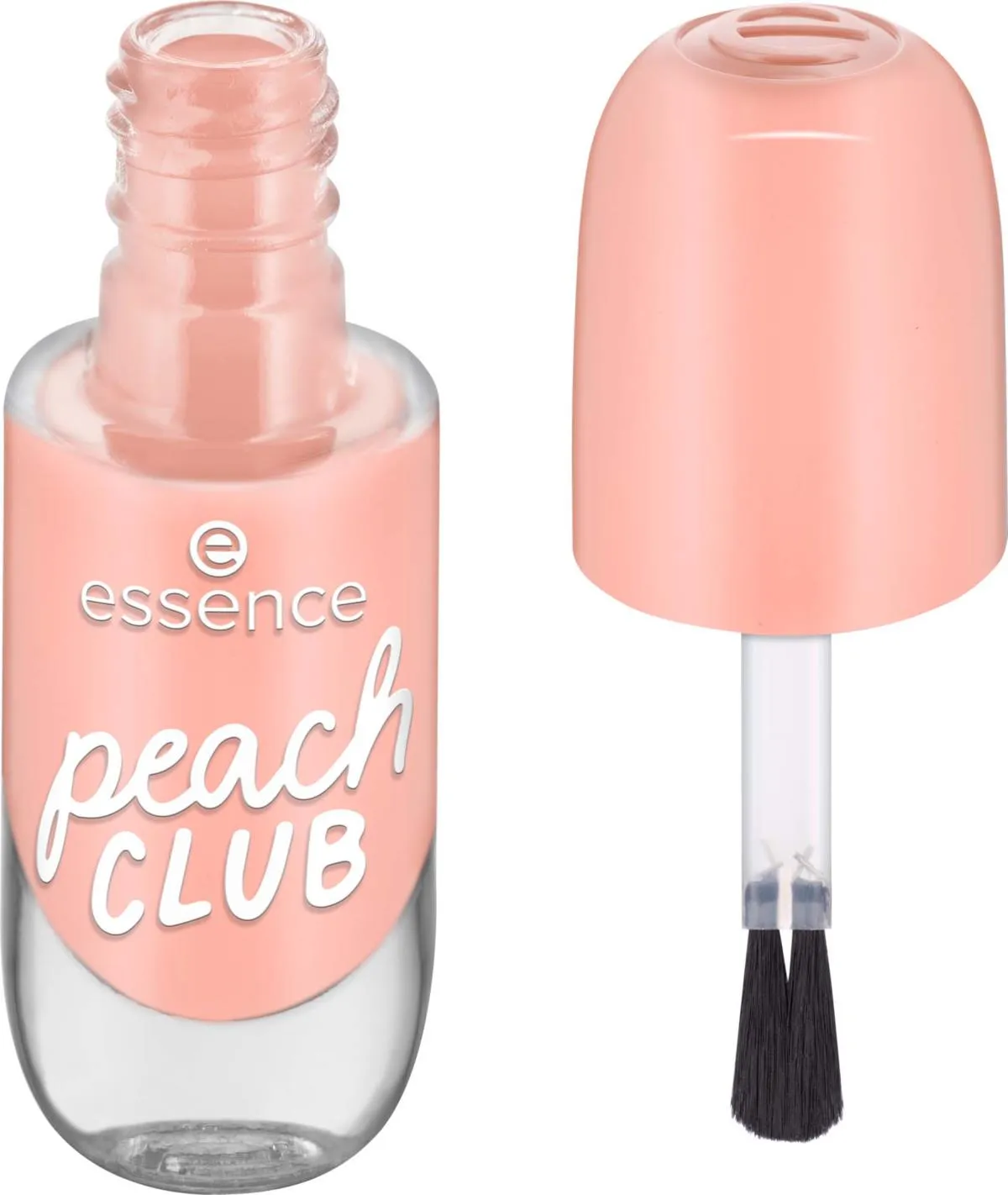Front of Essence Gel Nail Colour 68 Peach Club, 8 ml bottle with brush and cap