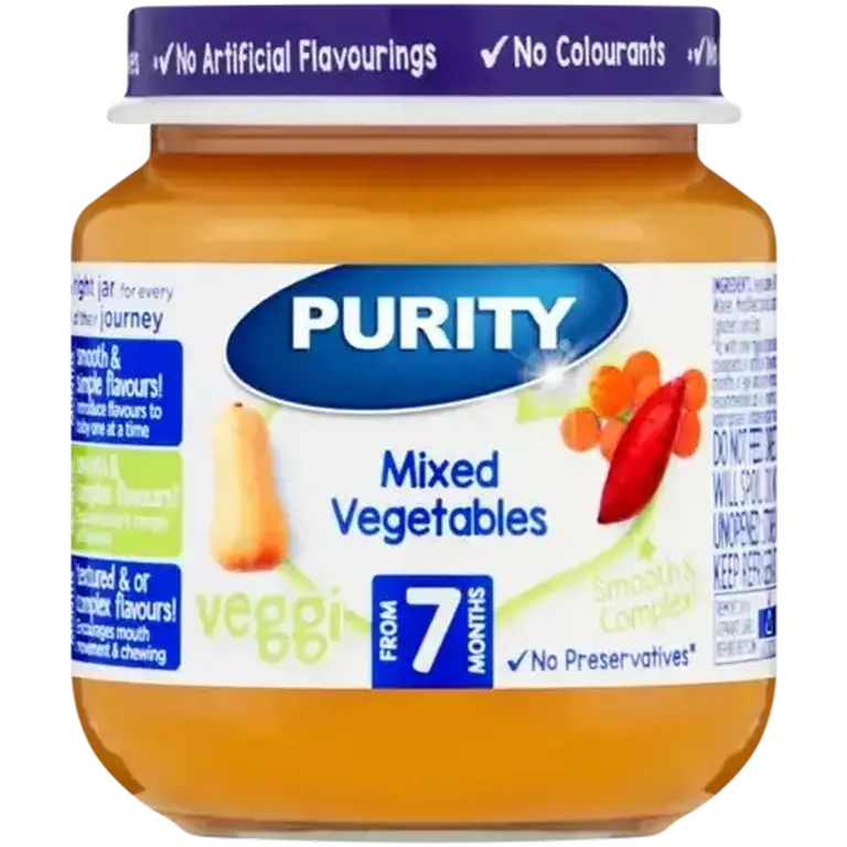 Front of Purity Mixed Vegetables baby food jar 125 ml
