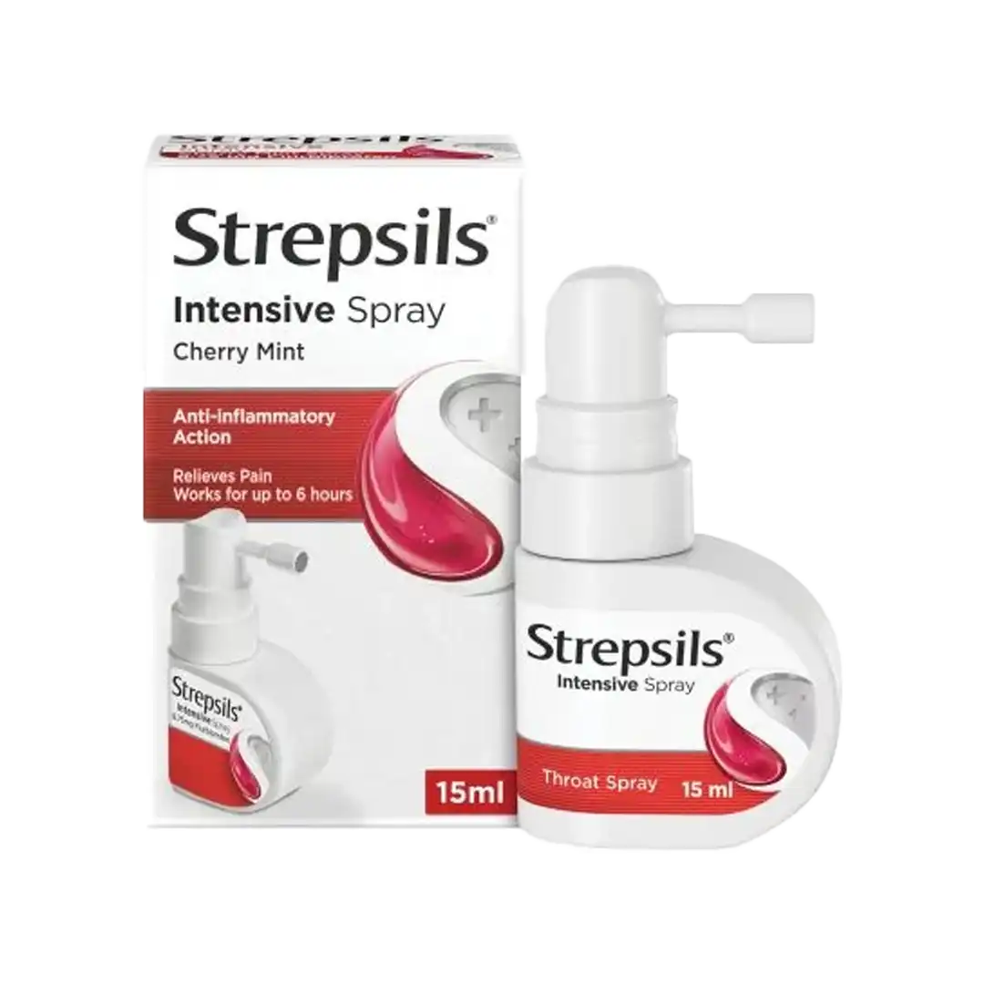 Front of Strepsils Intensive Spray Cherry Mint 15ml box and bottle