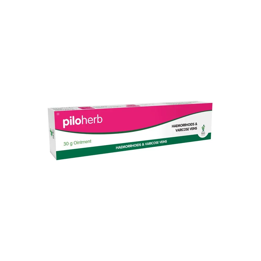 Angled view of Tibb Piloherb Haemorrhoids & Varicose Veins Ointment 30g box on white background