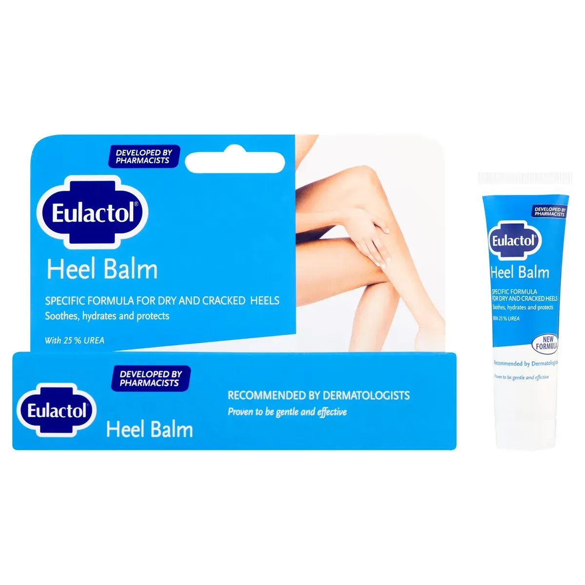 Front of Eulactol Heel Balm box and tube, 50 g